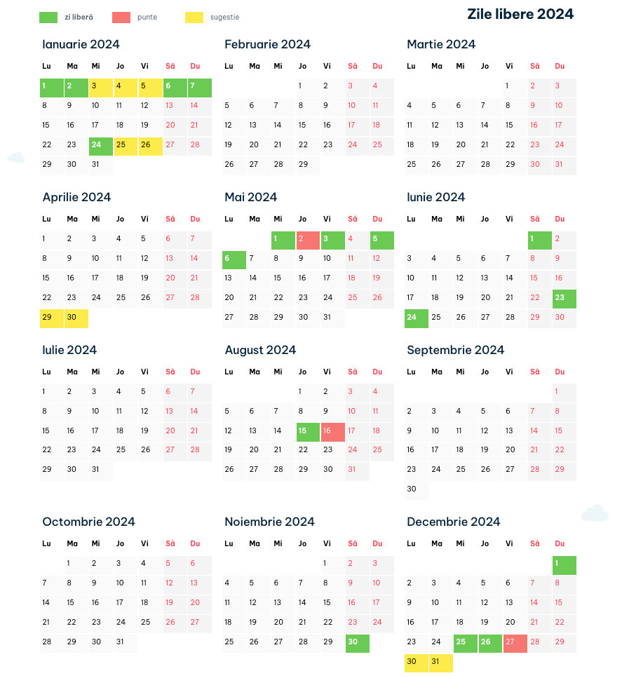 Zile libere 2024. Calendar zile libere și sărbători legale 2024