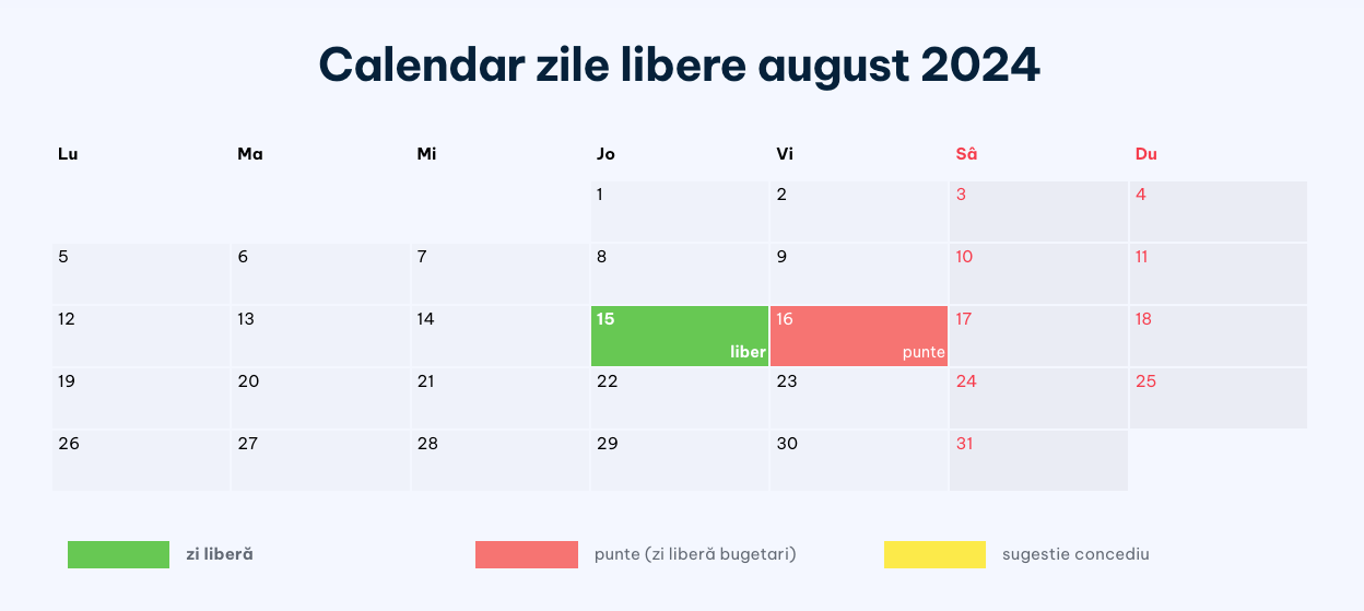 Zile libere august 2024. Calendar sărbători legale august 2024
